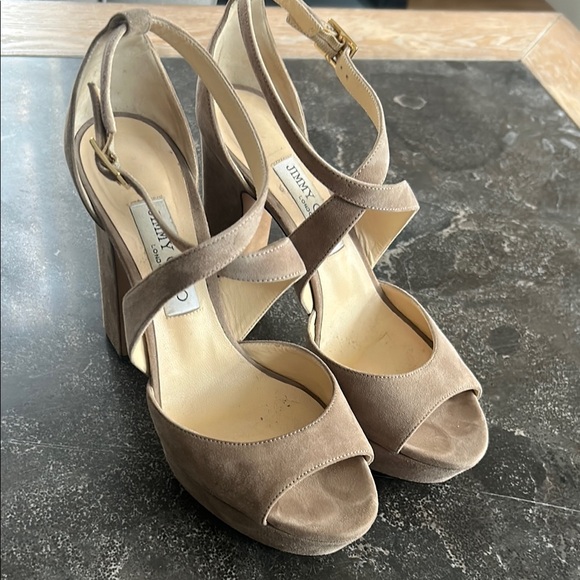 Jimmy Choo Shoes - Jimmy Choo Taupe suede Peep-Toe Platform Sandals